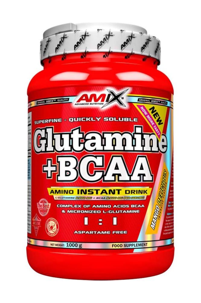 Amix Glutamine + BCAA powder 1000g container, super soluble amino instant drink for muscle recovery and strength.