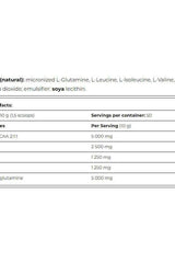 Nutritional facts for Amix Glutamine + BCAA powder, including serving sizes and ingredients.