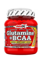 Amix Glutamine + BCAA powder in a red container, promoting muscle recovery and strength, 530g food supplement.