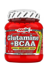 Amix Glutamine + BCAA powder container, a supplement for muscle recovery and strength enhancement.