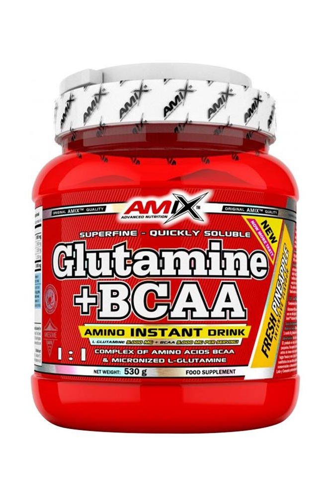 Amix Glutamine + BCAA powder tub, 530g, for muscle recovery and strength, instant drink formula.