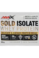 Amix Gold Whey Protein Isolate sample packet showcasing high protein content and low fat.