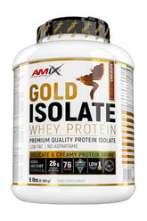 Amix Gold Whey Protein Isolate tub, premium quality protein with low fat and aspartame free, creamy chocolate flavor.