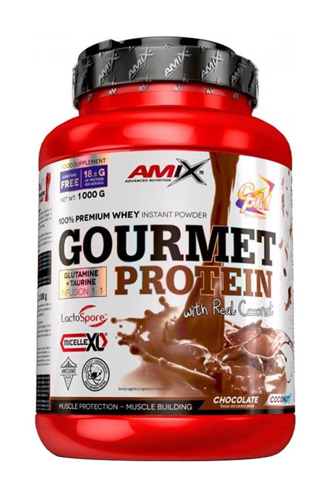 Amix Gourmet Protein powder tub featuring real coconut pieces, rich chocolate flavor, and protein benefits.