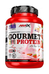 Amix Gourmet Protein container with real fruit, high protein content, and premium whey formula, available in strawberry flavor.