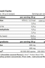 Nutritional information for Amix Gourmet Protein highlighting calories and macronutrients per serving.