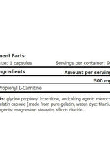 Nutrition label of Amix GPLC Glycine Propionyl L-Carnitine showing ingredients and serving size.