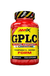 Amix GPLC Glycine Propionyl L-Carnitine supplement in a red bottle with 90 capsules for improved nitric oxide production.