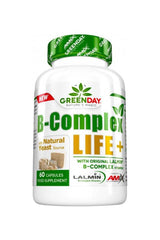 Amix GreenDay B-Complex Life-Forte+ bottle with 60 capsules, featuring natural yeast source for energy and metabolism support.