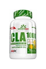 Amix GreenDay® CLA 1000 softgels bottle, dietary supplement for weight loss and muscle growth, 90 capsules.