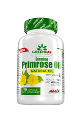Amix GreenDay Evening Primrose Oil supplement, 90 softgels, supports skin health and metabolism with vitamin E.