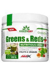 Amix GreenDay® Greens & Reds+ 250g supplement with fruits and veggies for enhanced nutrition.
