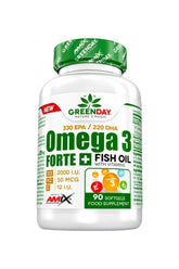 Amix GreenDay Omega 3 Forte+ 90 capsules supplement with vitamins E, D3, and K2 for heart and brain health.