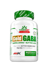 Amix GreenDay ProVegan Gold GABA supplement bottle with 90 vegan capsules, featuring GABA as key ingredient.