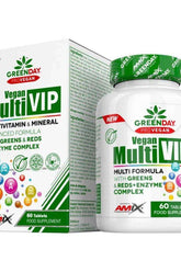 Amix GreenDay ProVegan Multi VIP bottle and box, 60 tablets, vitamin and mineral supplement with greens and reds.