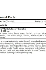 Amix MultiGreens Vitality & Energy Supplement Facts with nutrient details and ingredients list.
