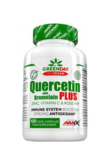 Amix GreenDay ProVEGAN Quercetin Plus bottle with Bromelain, Zinc, Vitamin C, and Rose Hip, 120 capsules.