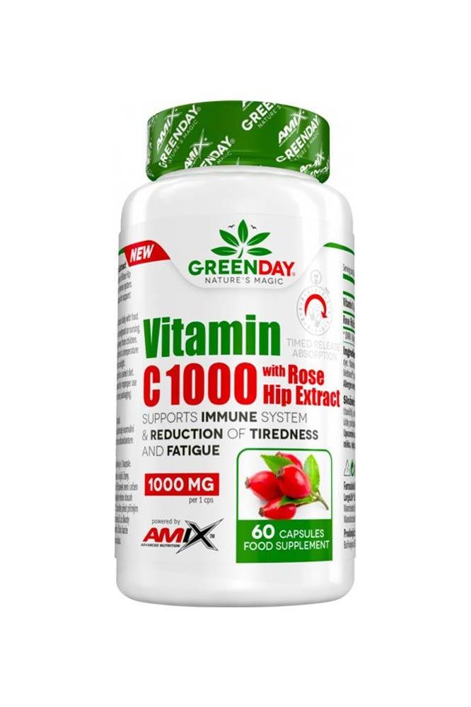 Amix GreenDay® ProVegan Vitamin C 1000 with Rose Hip Extract - 60 capsules for immune support and energy.