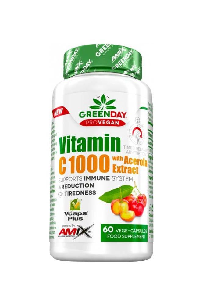 Amix GreenDay ProVEGAN Vitamin C 1000 with Acerola Extract bottle, 60 capsules for immune support and antioxidant protection.