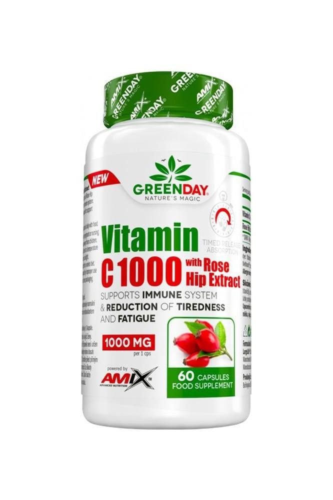 Amix GreenDay Vitamin C 1000 with Rose Hip Extract, 60 capsules, supports immune health and reduces fatigue.