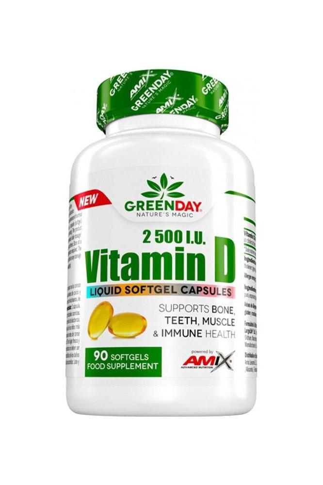 Amix GreenDay Vitamin D3 softgel supplement bottle, supports bone, teeth, muscle, and immune health, 90 softgels.
