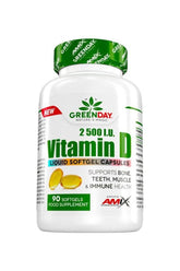 Amix GreenDay Vitamin D3 softgel supplement bottle, supports bone, teeth, muscle, and immune health, 90 softgels.