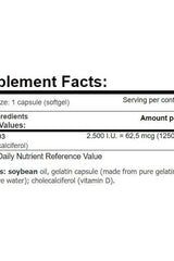 Supplement facts for Amix GreenDay Vitamin D3, highlighting vitamin D content and ingredients.