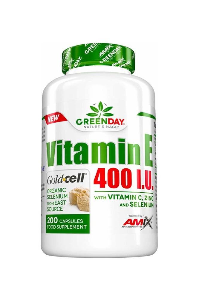 Amix GreenDay Vitamin E 400 I.U. supplement bottle with 200 capsules for immune support and skin health.