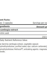 Nutrition facts label for Amix HCA capsules, detailing ingredients and amounts per serving.