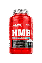 Amix HMB supplement bottle, 220 vegan capsules, supports muscle growth and recovery.