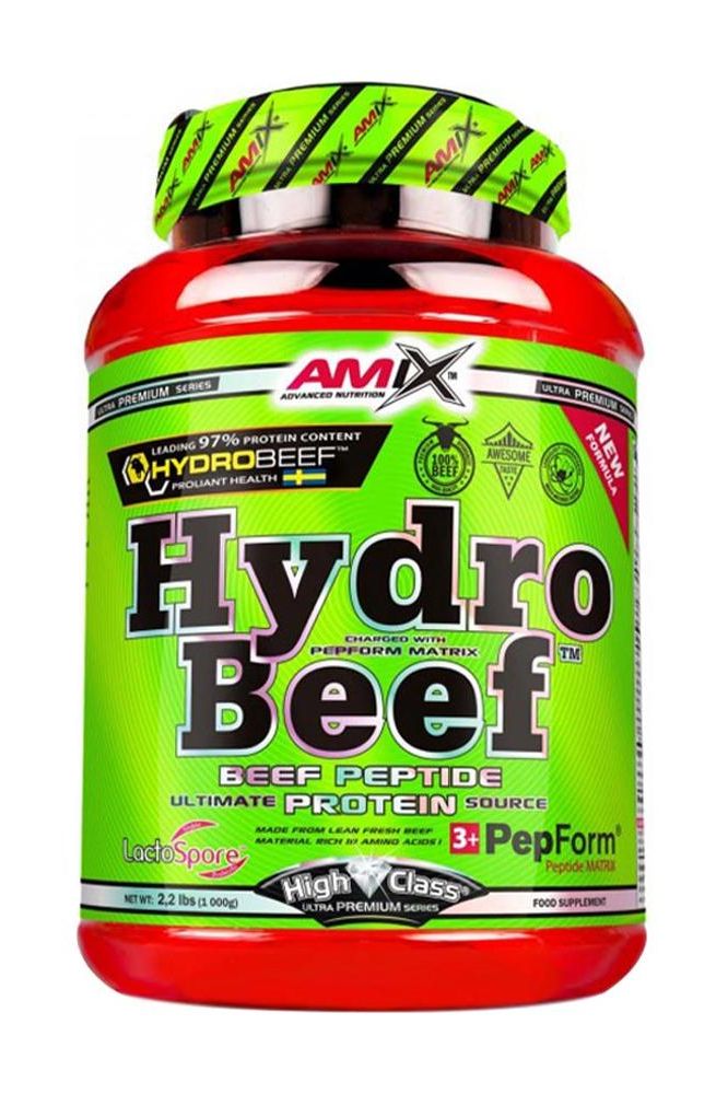 Amix HydroBeef™ Peptide Protein container with green label, showcasing high protein content and beef peptides.