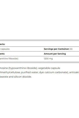 Supplement facts for Amix Inosine showing ingredients and servings per container.