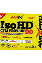 Amix IsoHD® 90 CFM Protein sample packet showcasing creamy, high instant protein with AminoGen® and Lactospore™.