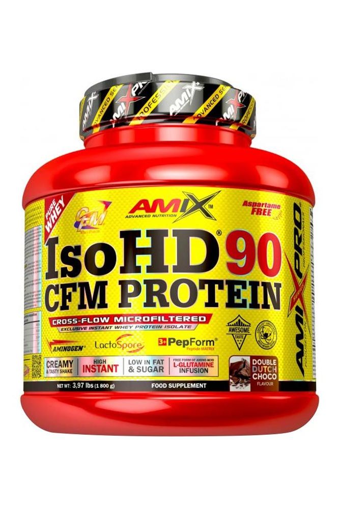 Amix IsoHD® 90 CFM Protein powder in a red container with nutritional information and benefits highlighted.