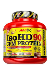 Amix IsoHD® 90 CFM Protein powder in a red container with nutritional information and benefits highlighted.