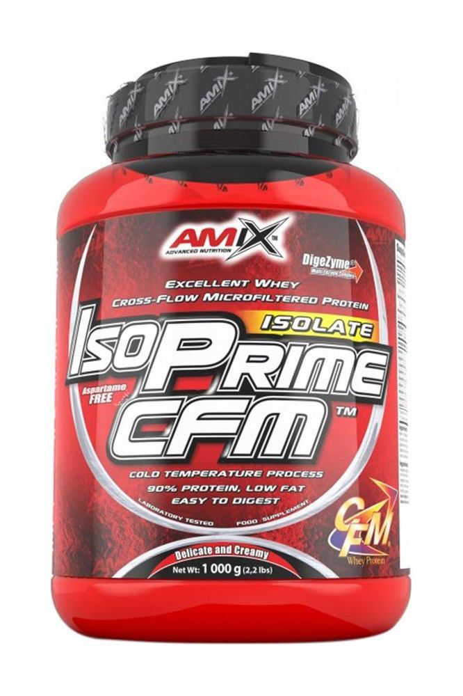 Amix IsoPrime CFM Isolate protein powder with 90% protein content and low fat in a red container.