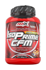 Amix IsoPrime CFM Isolate protein powder with 90% protein content and low fat in a red container.