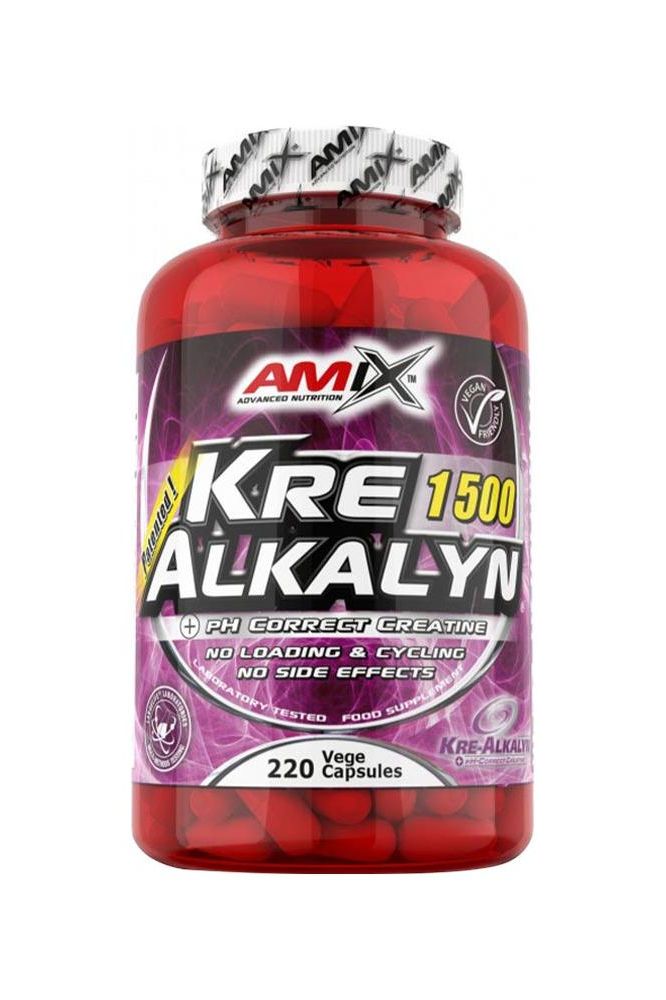 Amix Kre-Alkalyn® 1500 capsules in a red bottle, promoting quick results and no side effects.