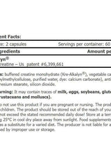 Amix Kre-Alkalyn® supplement facts panel, showing ingredients and usage instructions.