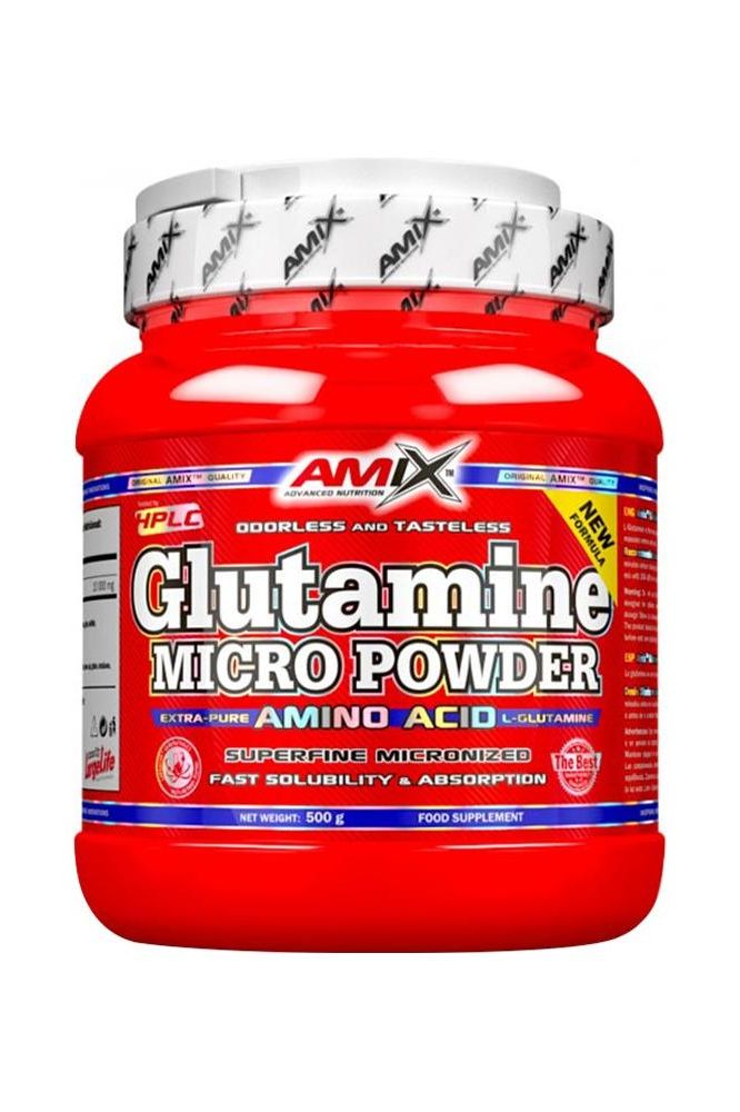 Amix L-Glutamine Micro Powder supplement in a red container for muscle recovery and performance.