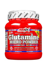Amix L-Glutamine Micro Powder supplement in a red container for muscle recovery and performance.