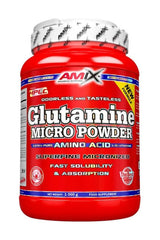 Amix L-Glutamine Micro Powder supplement for muscle recovery and strength, 1000g packaging.