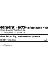 Nutritional information for Amix L-Glutamine supplement, showing dosage and ingredients.