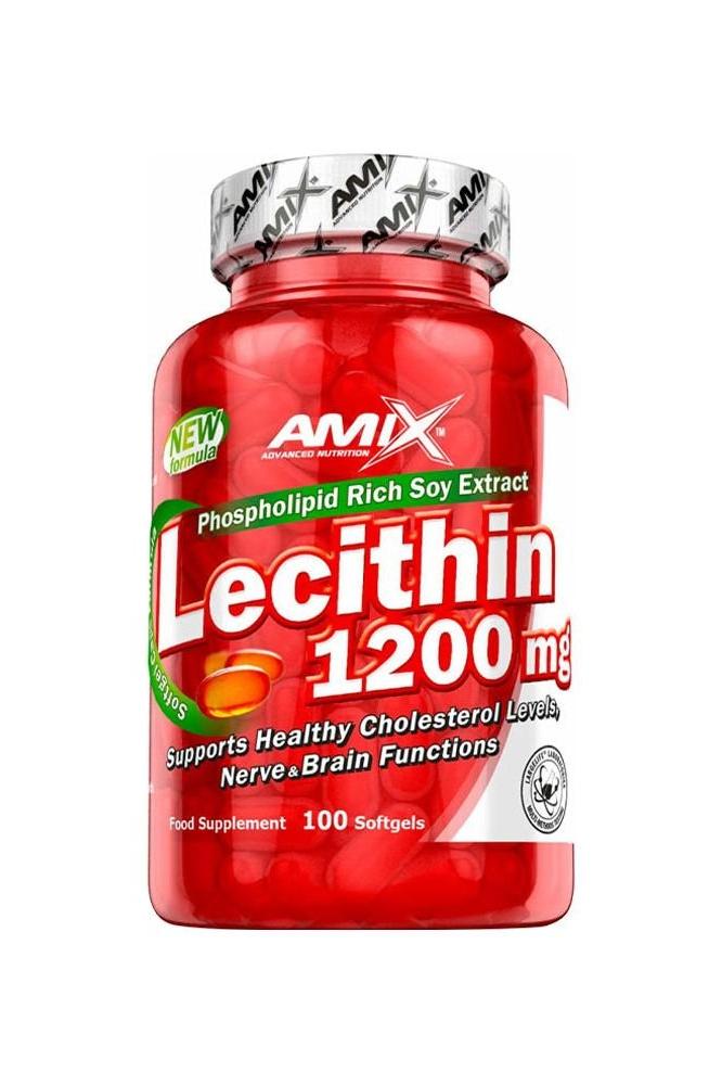 Amix Lecithin 1200 mg supplement bottle, supports brain function and healthy cholesterol, 100 softgels.
