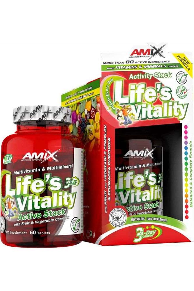 Amix Life's Vitality Active Stack multivitamins in a bottle and box, featuring 60 tablets with fruit and vegetable complex.