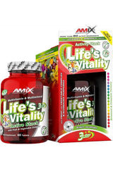 Amix Life's Vitality Active Stack multivitamins in a bottle and box, featuring 60 tablets with fruit and vegetable complex.