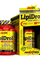 Amix LipiDrol Fat Burner supplement bottle and box featuring VitaCholine and lipotropic ingredients.