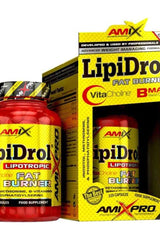 Amix LipiDrol Fat Burner supplement bottle and box featuring VitaCholine and lipotropic ingredients.