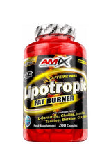 Amix Lipotropic Fat Burner supplement bottle, 200 capsules, caffeine-free formula promoting fat burning and metabolism.