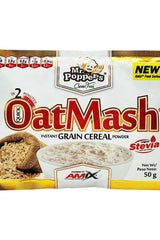 Amix Mr. Popper's OatMash instant grain cereal powder package, 50g, featuring natural oat fiber and stevia.